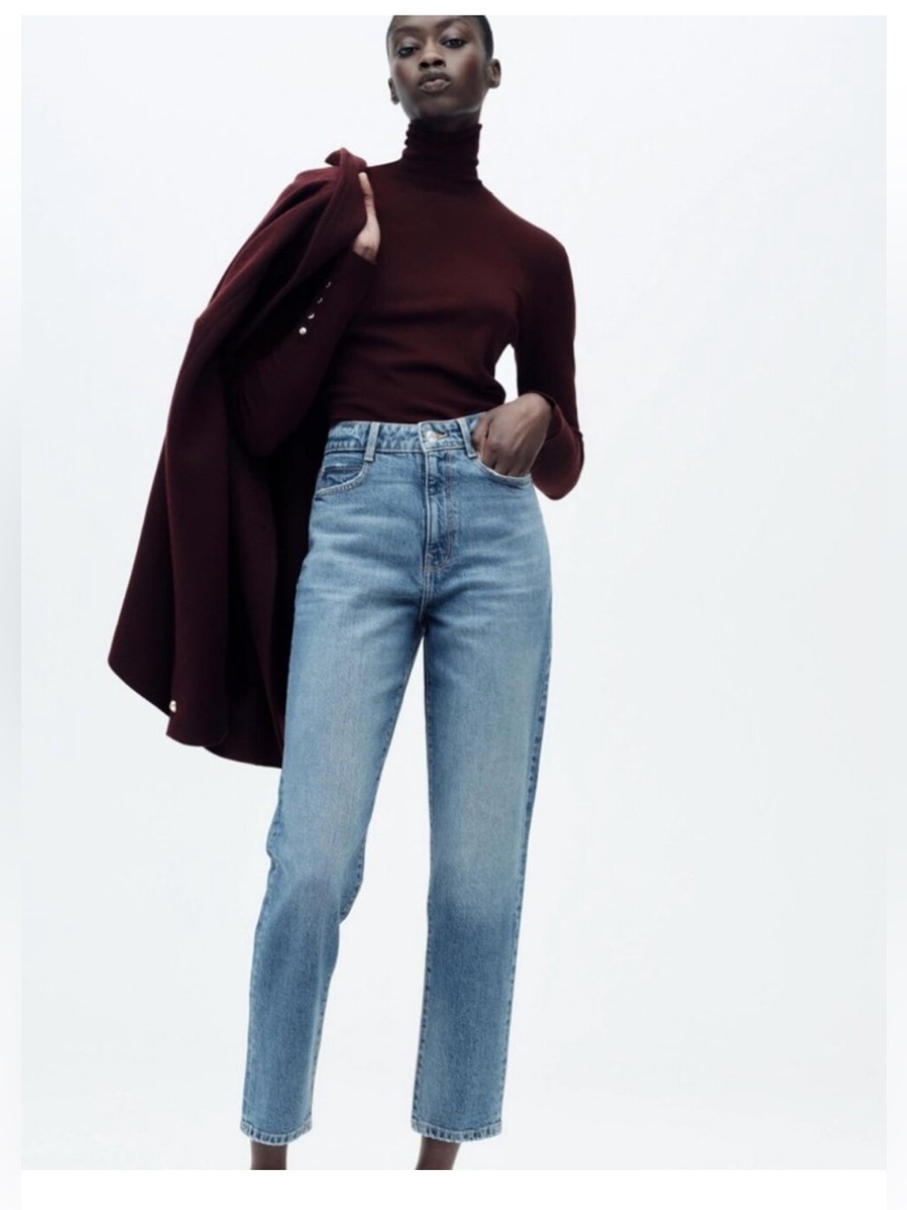 zara mom jeans blue deim pants ankle length high rise slim leg 6